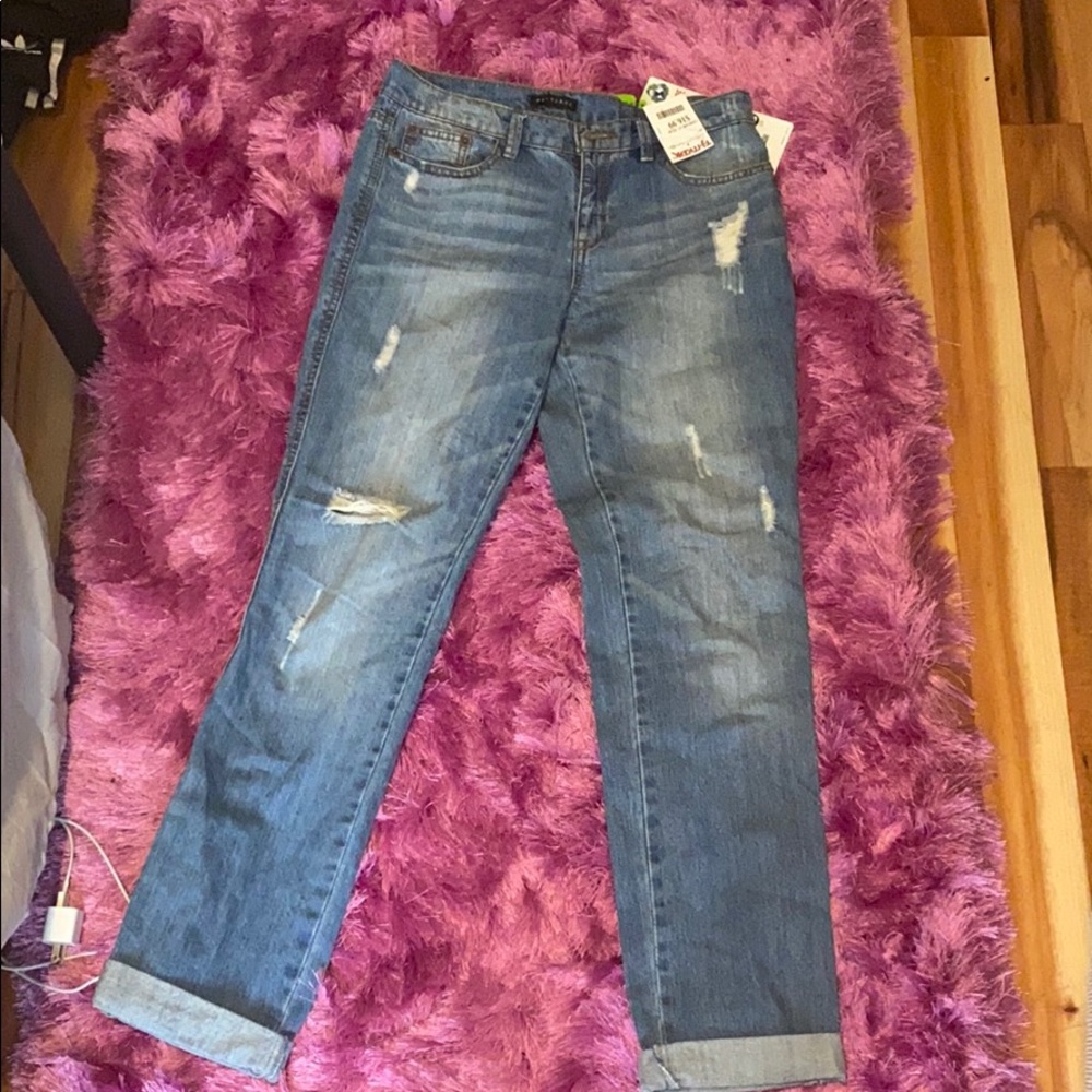 Cuffed Distressed medium denim jeans